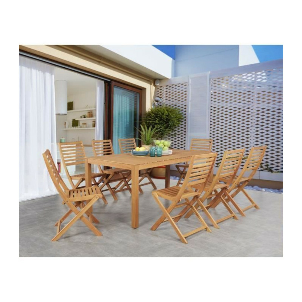 Ensemble repas de jardin 8 personnes - table 180 x 90 cm + 8 chaises pliantes - bois eucalyptus fsc