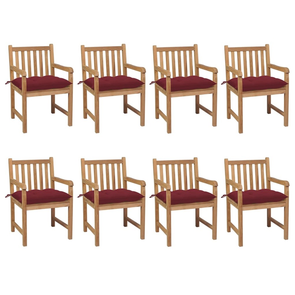 Chaises de jardin lot de 8 avec coussins bordeaux teck solide