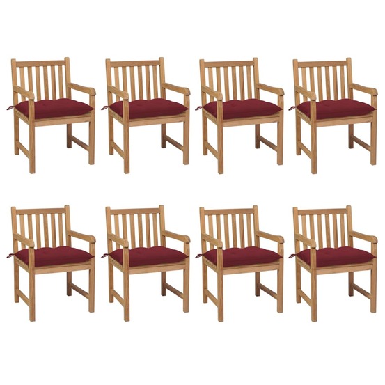 Chaises de jardin lot de 8 avec coussins bordeaux teck solide