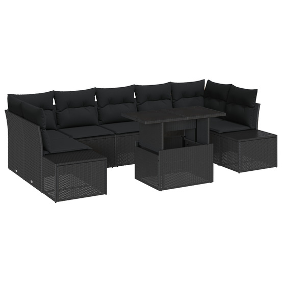 Ensemble de canapé de jardin 8 pièces avec coussins noir en rattan synthétique