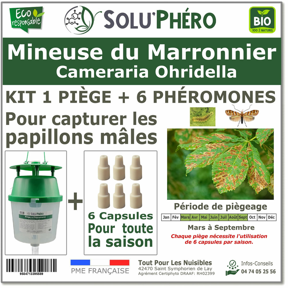 Soluphero - kit 1 piège funnel + 6 phéromones mineuse marronnier bio - efficacité par capsule de 4 à 6 semaines