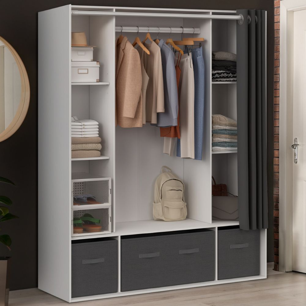Dressing double penderie diane 140 x 45 x 167 cm blanc avec étagères + boites de rangement + rideau gris