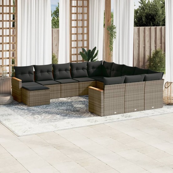 Salon de jardin avec coussins 12 pcs gris résine tressée
