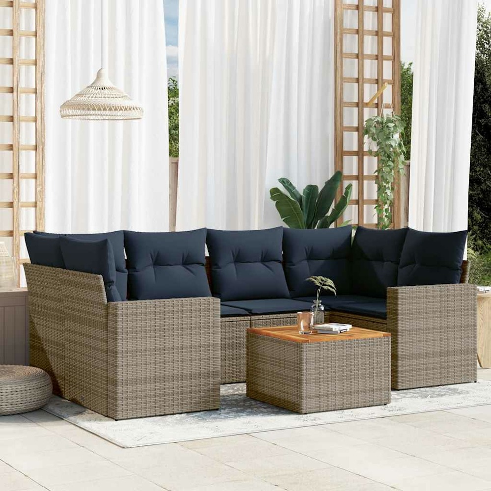 Salon de jardin 7 pcs avec coussins gris résine tressée