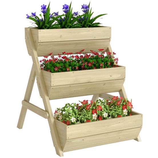 Jardinière surélevée 3 étages bois sapin plantes escalier drainage 65x75x76cm vert