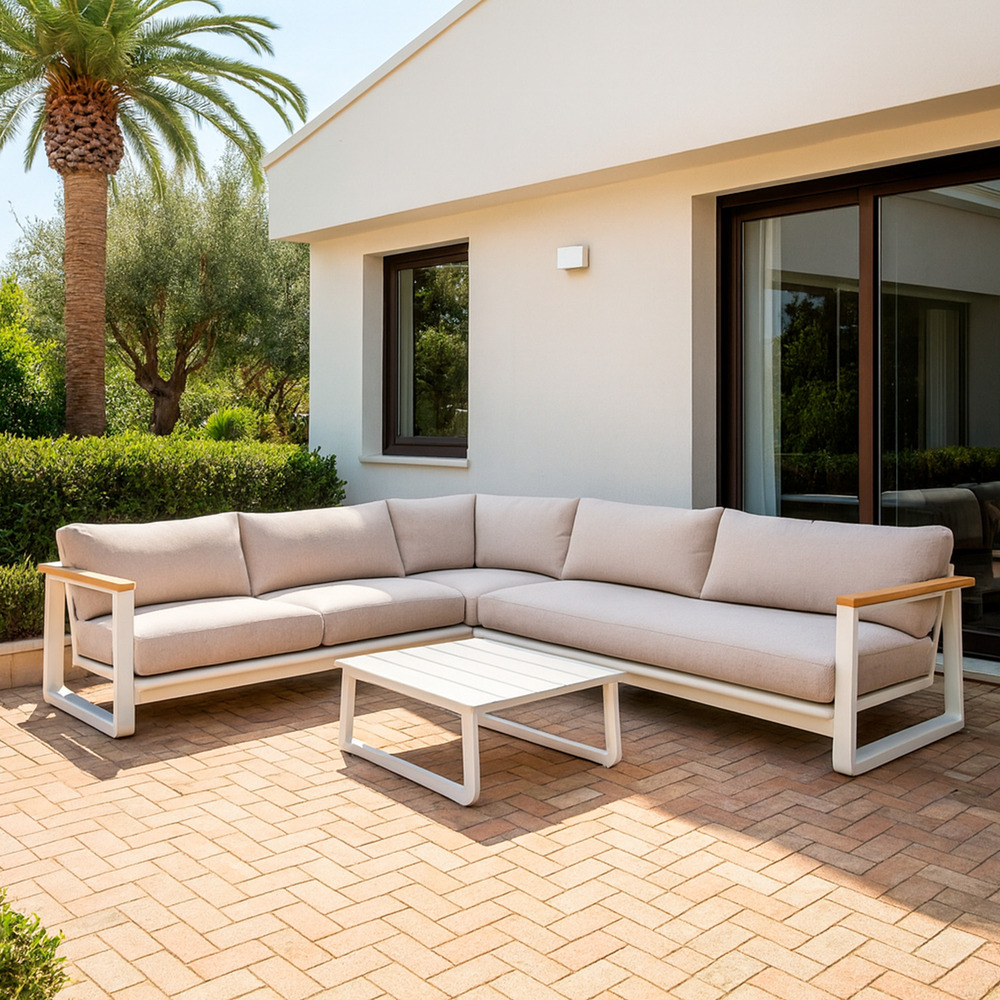 Canape dangle 6 places creme en aluminium et teck avec 2 tables assorties