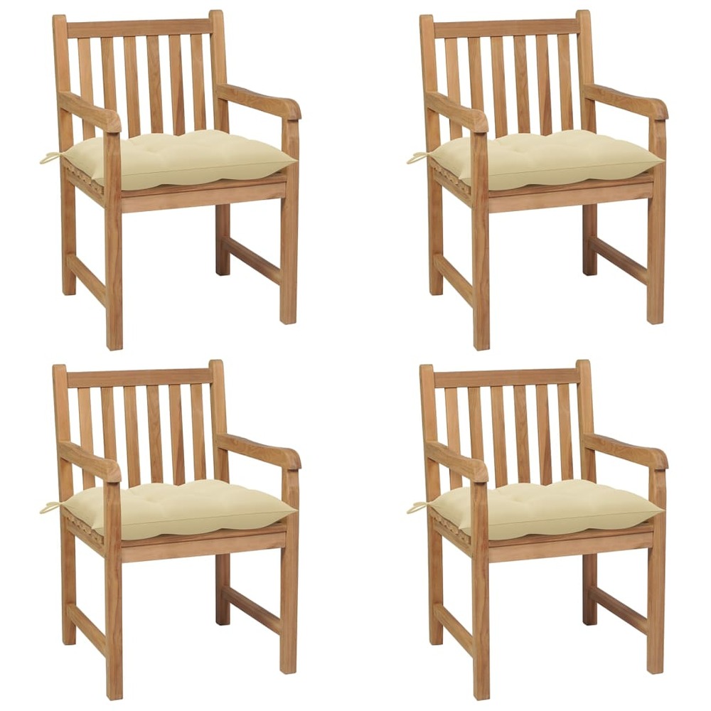 Chaises de jardin lot de 4 et coussins blanc crème teck solide