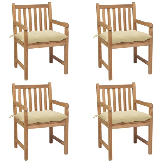 Chaises de jardin lot de 4 et coussins blanc crème teck solide