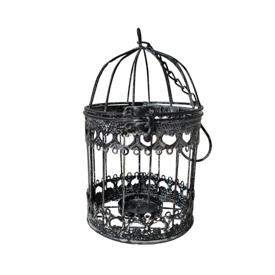Cage à oiseaux décorative ancienne métal noir blanc ø.13x21cm