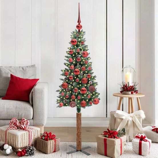 Sapin de noël crayon enneigé 1,50m, 150 led 8 modes et décorations blanches/argentées