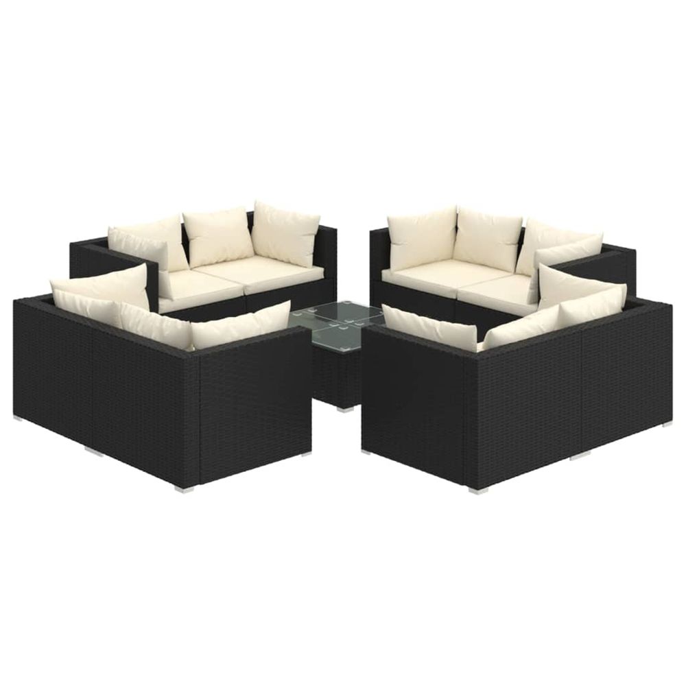 Salon de jardin 9 pcs avec coussins résine tressée noir