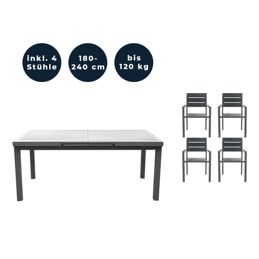 Home deluxe - table de jardin extensible - calido - env. 180 (240) x 97,5 x 76,5 cm - 4 chaises incluses, piètement en aluminium,