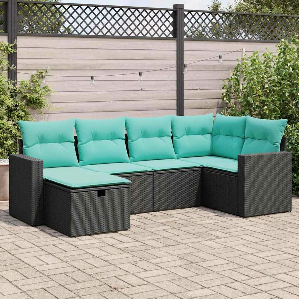 Salon de jardin 6 pcs avec coussins noir résine tressée