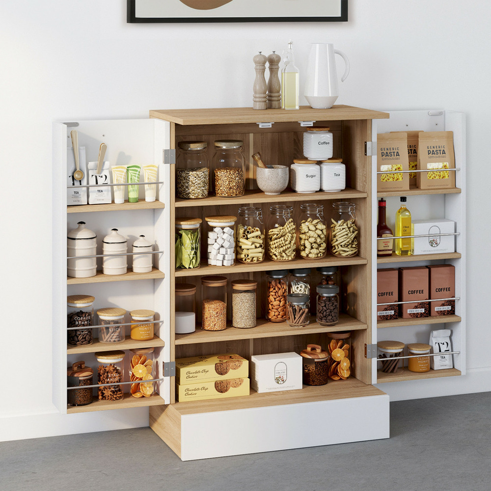 Buffet bas de cuisine alto h.90 cm avec rangements blanc et bois