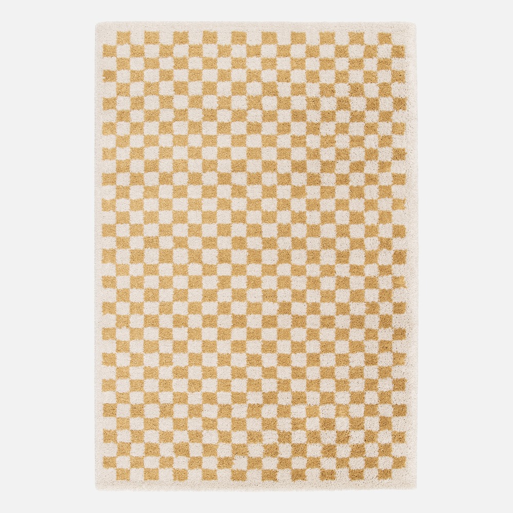 Tapis intérieur shaggy poils longs damier jaune moutarde et crème
