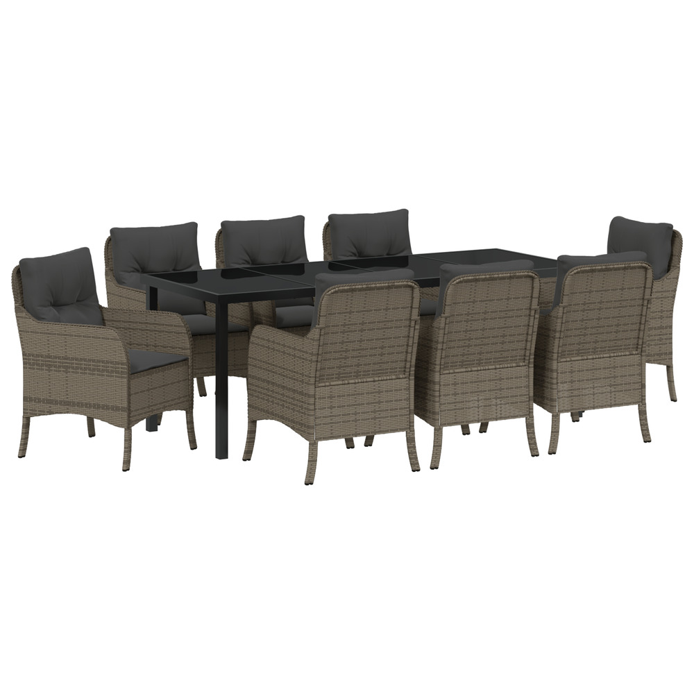 Ensemble de repas de jardin 9 pièces avec coussins gris en rattan poly