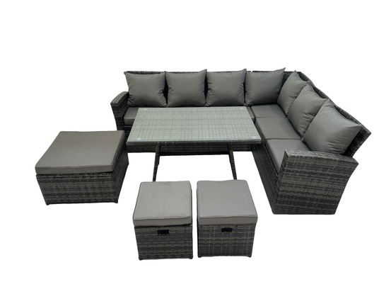 Ensemble de meubles de jardin en rotin table à manger rectangulaire avec verre trempé 3 tabourets gris foncé mixte