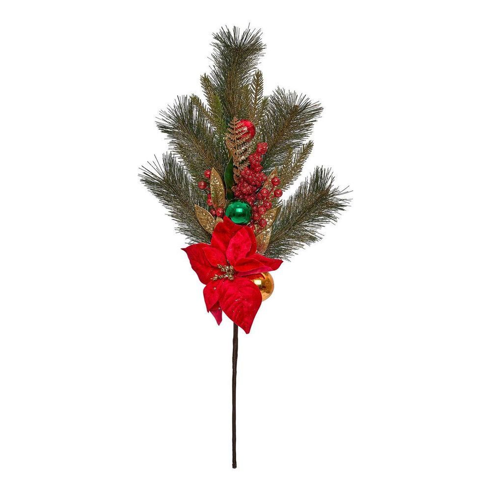 Branche décorative de noël boules et poinsettia