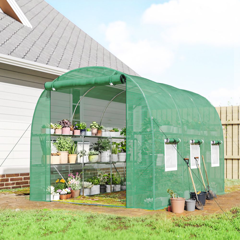 Serre tunnel de jardin acier galvanisé pe vert 198 x 275 x 191 cm avec étagères - comfortxl outdoor living