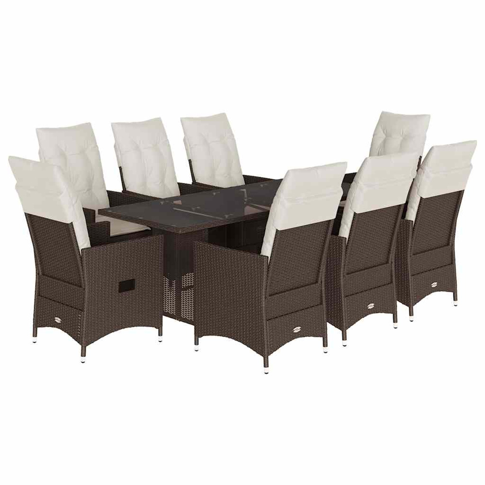 Ensemble à manger de jardin et coussins 9 pcs marron poly rotin