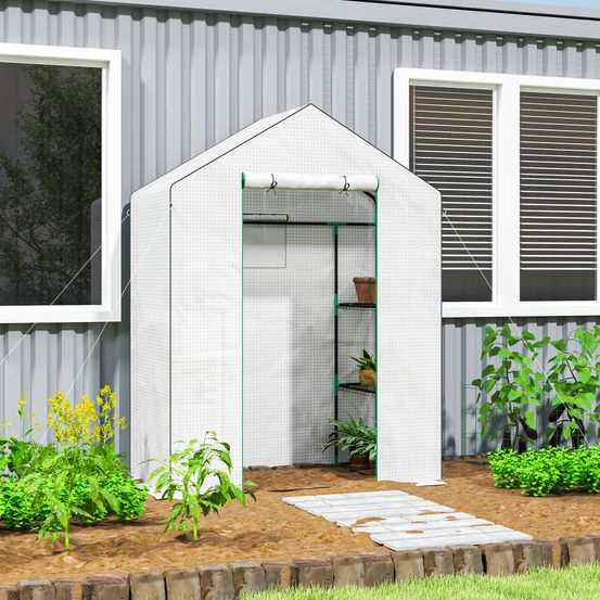 Serre de jardin pe 143 x 74 x 190 cm blanche avec étagères porte enroulable - comfortxl outdoor living