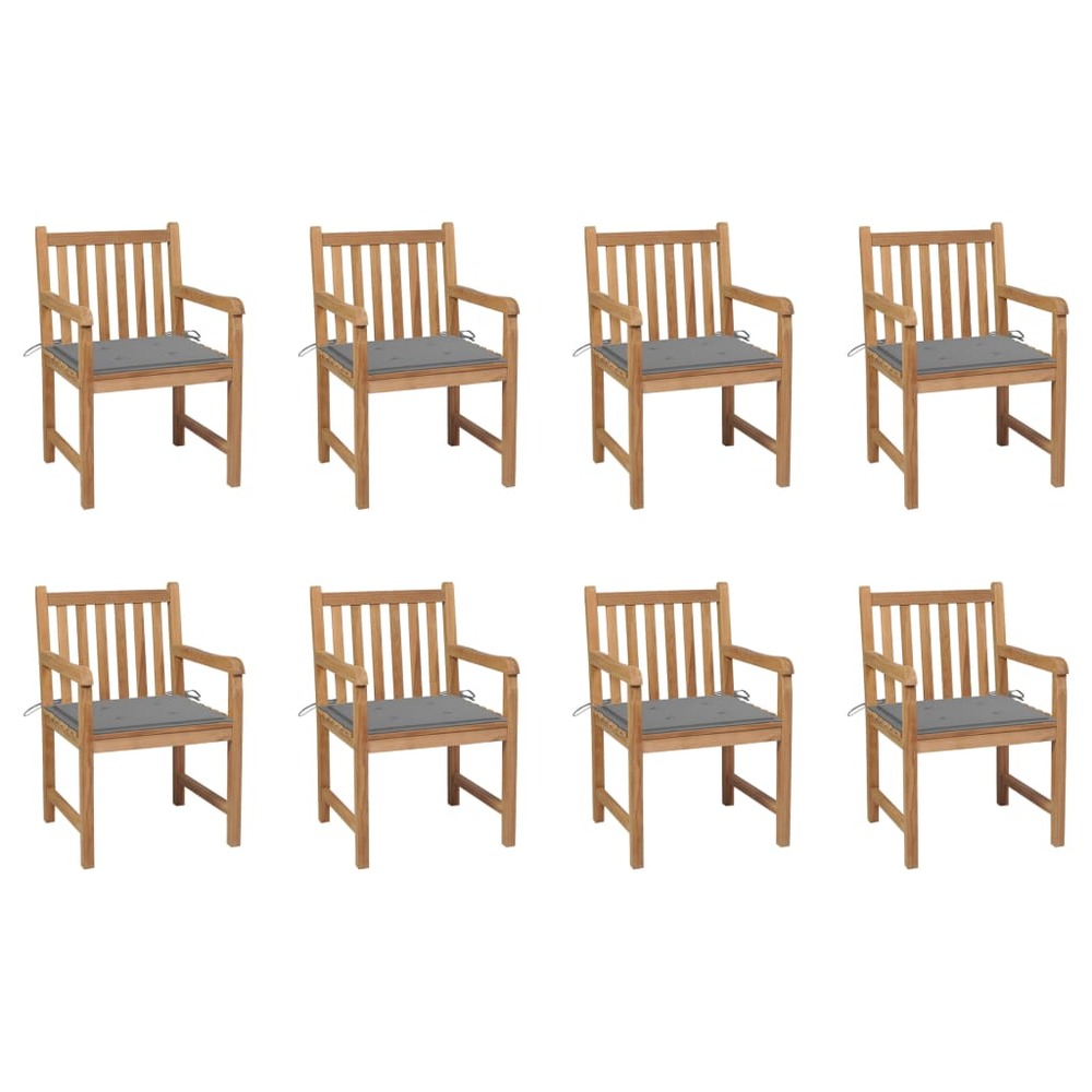 Chaises de jardin 8 pcs avec coussins gris bois de teck massif