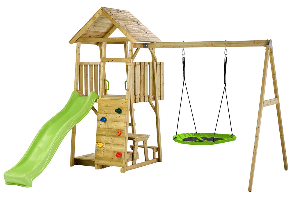 Aire de jeux : balançoire, nid, toboggan, escalade, bac à sable, table woodi