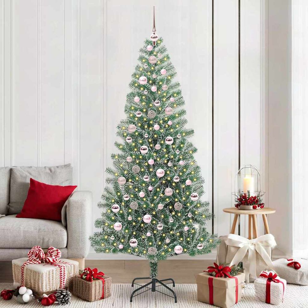 Sapin artificiel très haut 210 cm floqué, prêt à poser avec led et boules