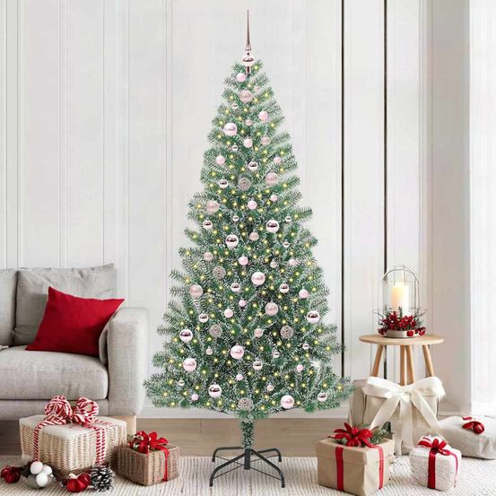 Sapin artificiel très haut 210 cm floqué, prêt à poser avec led et boules