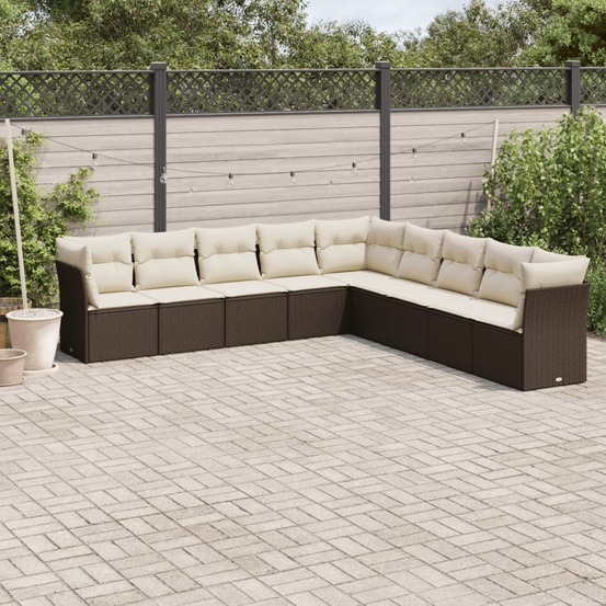 Salon de jardin avec coussins 9 pcs marron résine tressée