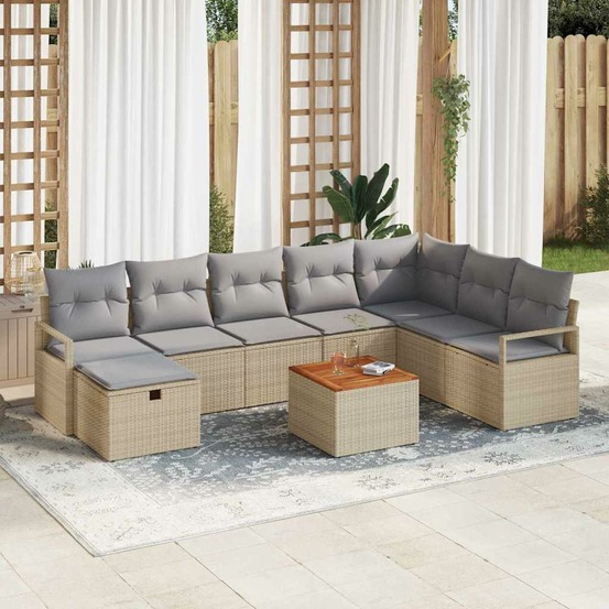 Ensemble de canapé de jardin avec coussin 9 pcs beige polyrotin