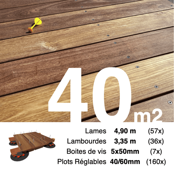 Kit complet terrasse bois exotique cumaru pour 40 m², lames 4,9 m, lambourdes 3,35 m, plots réglables et visserie inox.