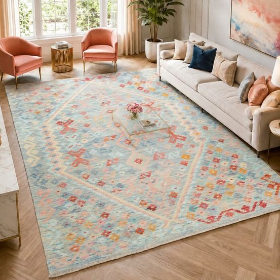 Tapis kilim 156 x 197 cm, bleu, orange et rouge, en laine, kilim 59