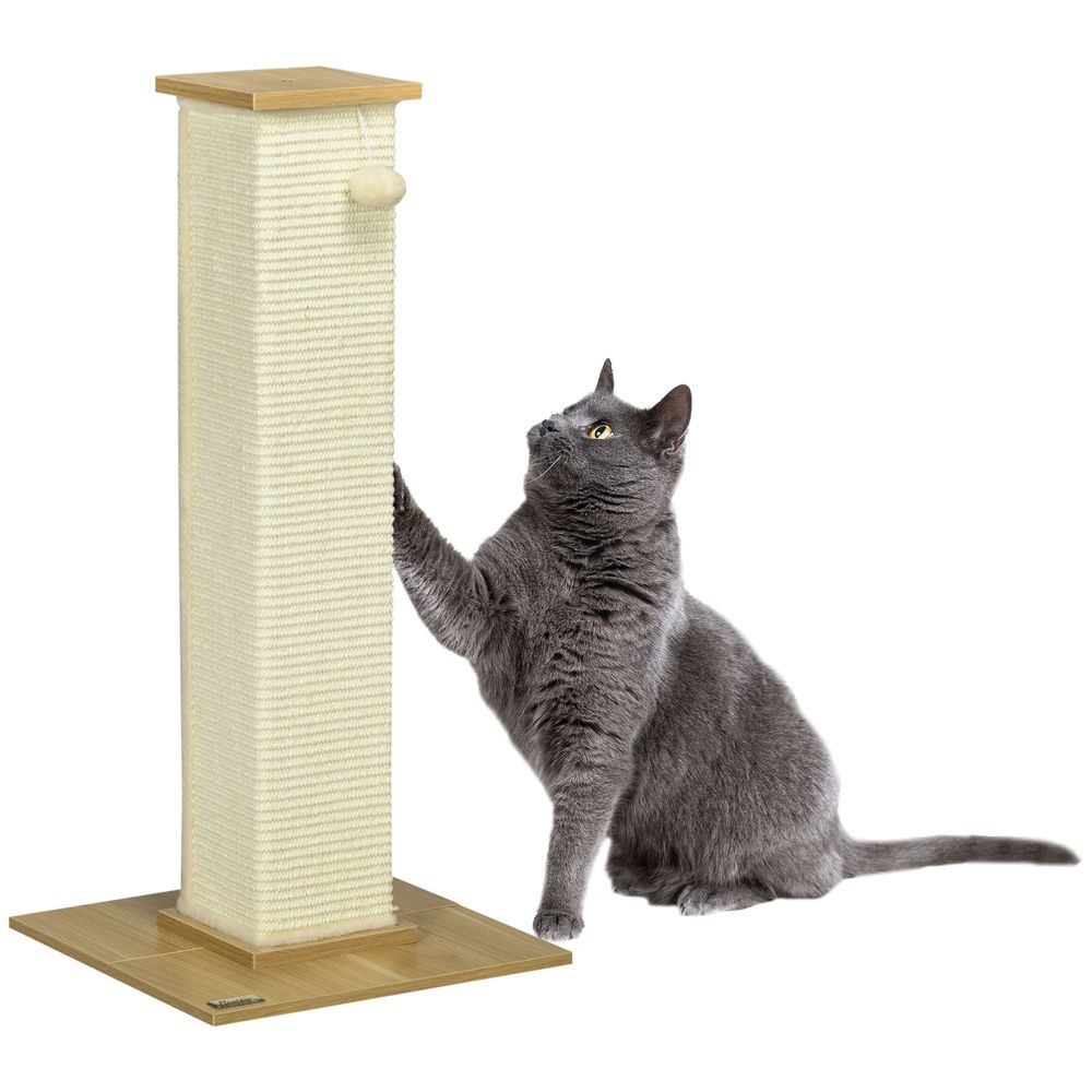 Poteau griffoir chat sisal naturel bois entretien des griffes balle de jeu beige 80cm