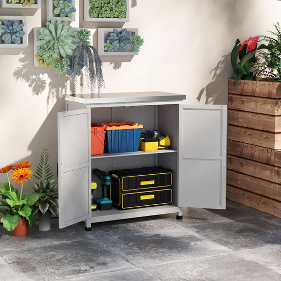 Armoire jardin bois table rempotage plateau zingué rangement extérieur 79x43x92cm gris - comfortxl outdoor living
