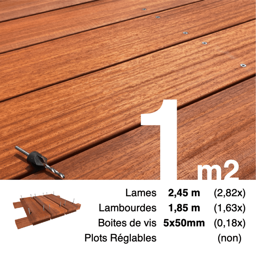 Kit terrasse bois exotique padouk pour 1 m², lames 2,45 m, lambourdes 1,85 m et visserie inox.