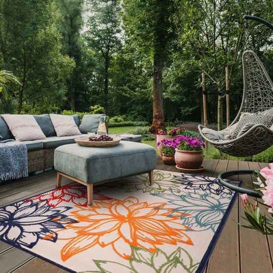 Tapis extérieur 160x230 tissé kilim bleu et beige chimeko