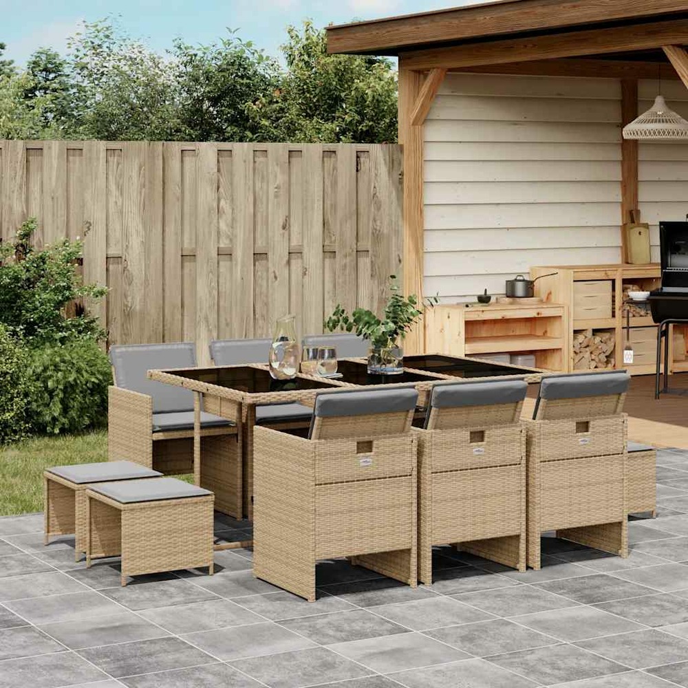 Ensemble à manger de jardin et coussins 11 pcs mélange beige