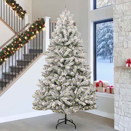 Kit sapin de noël artificiel lumineux 3m, aspect enneigé avec 120 boules et guirlande led