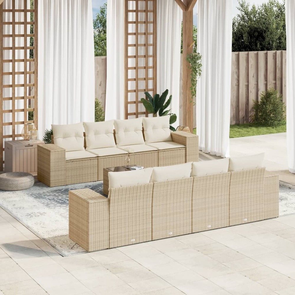 Salon de jardin avec coussins 9 pcs beige résine tressée