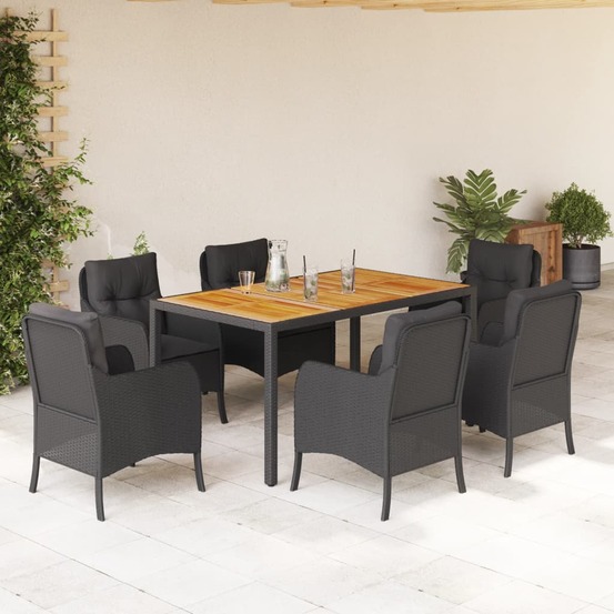 Ensemble à manger de jardin coussins 7pcs noir résine tressée