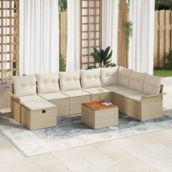 Ensemble de canapé de jardin avec coussin 9 pcs beige polyrotin