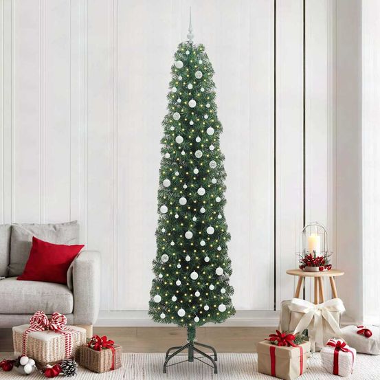 Kit complet sapin de noël vert 240cm, lumineux avec guirlande led 8 modes et boules assorties