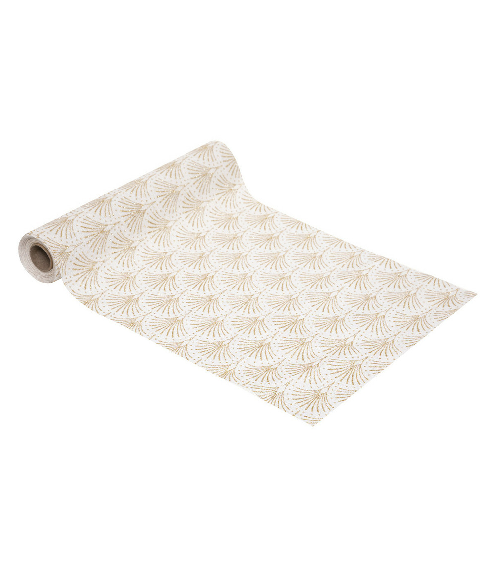 Chemin de table tissu fond naturel motif palmette doré pailleté 28 x 300 cm
