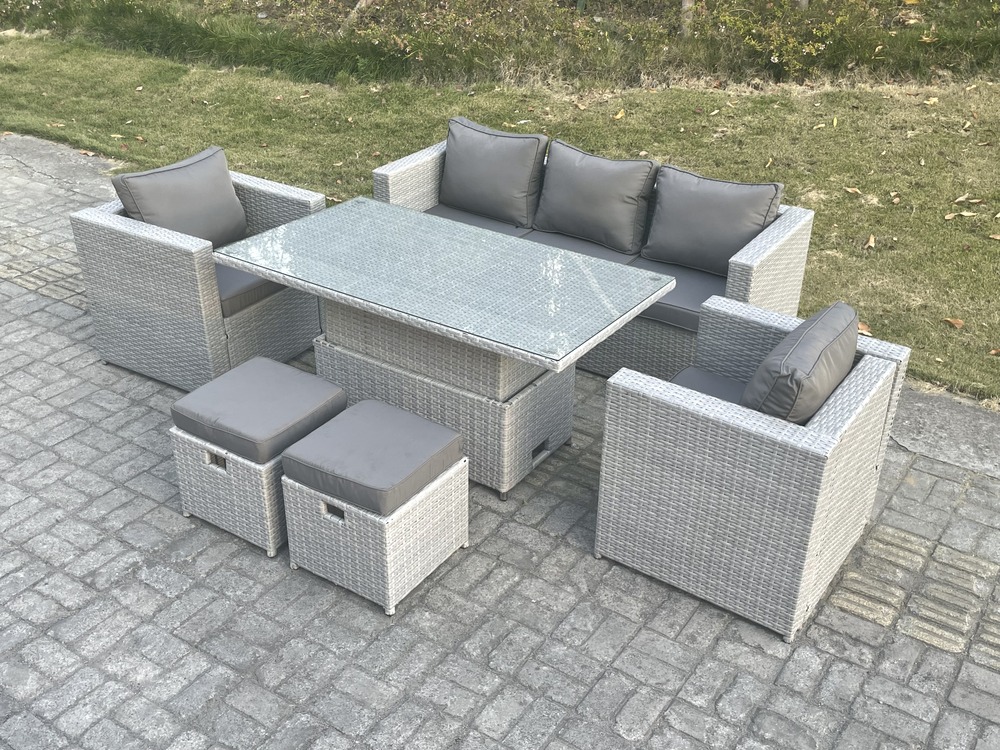 Salon de jardin exterieur table à manger réglable en hauteur ave canapé 2 fauteuil 2 petit tabourets gris clair