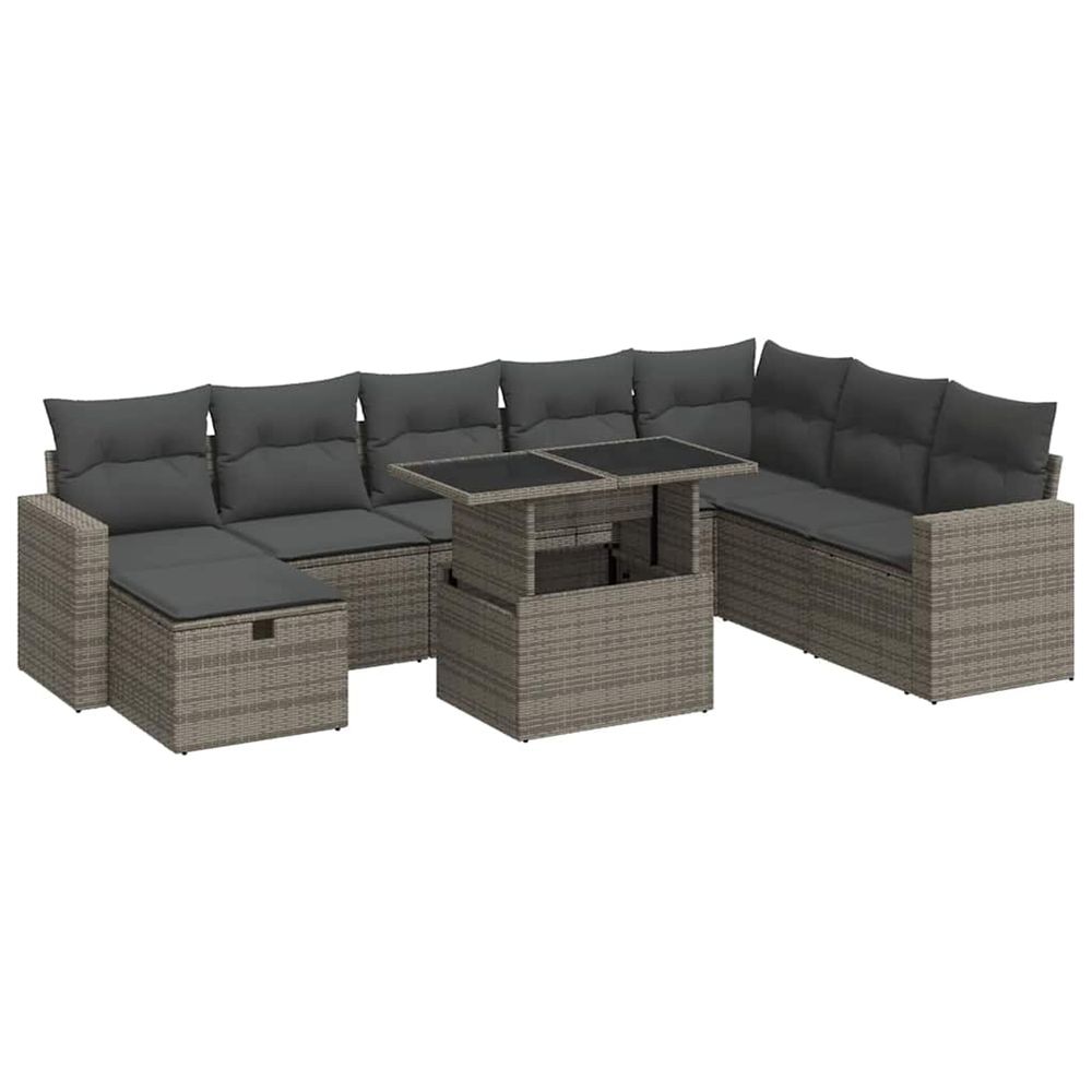 Salon de jardin 9 pcs avec coussins gris résine tressée