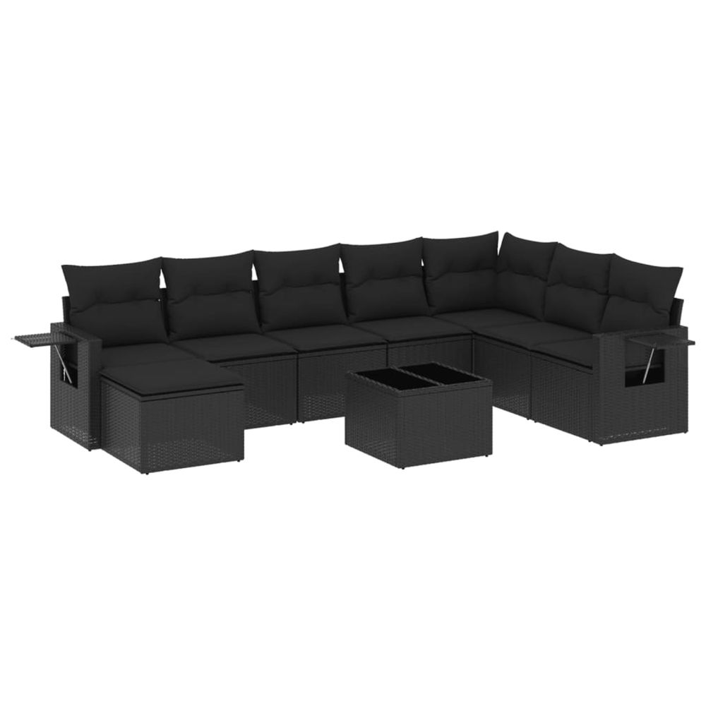 Salon de jardin 9 pcs avec coussins noir résine tressée