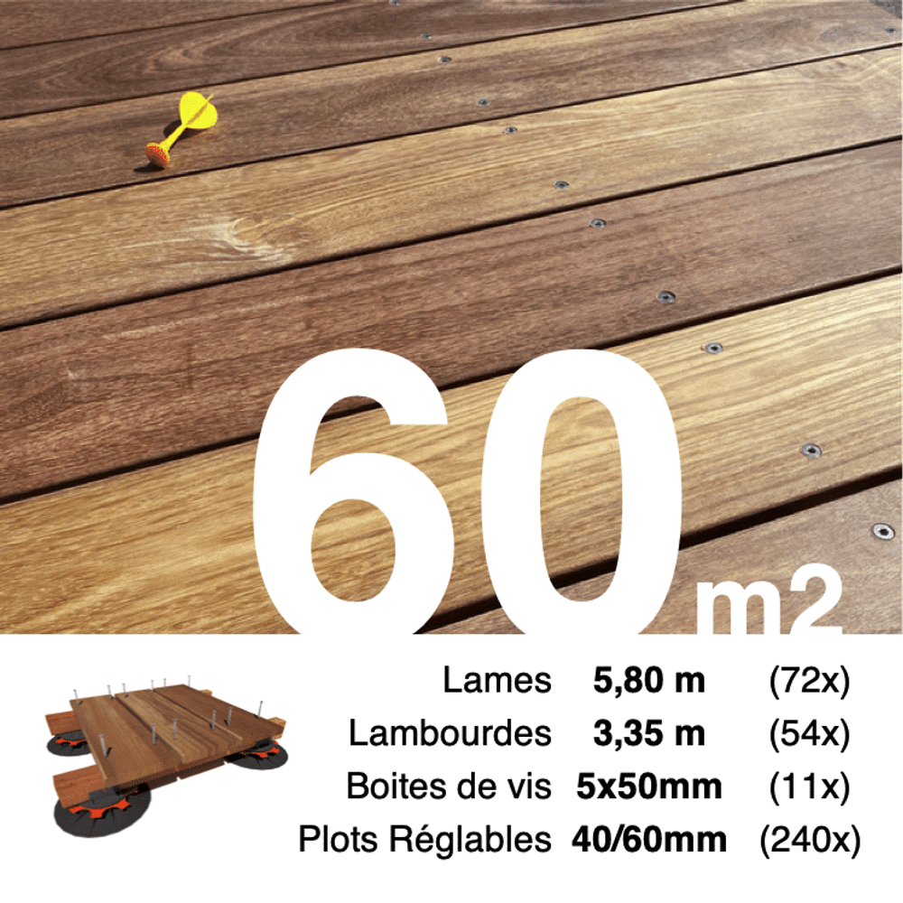 Kit complet terrasse bois exotique cumaru pour 60 m², lames 5,8 m, lambourdes 3,35 m, plots réglables et visserie inox.