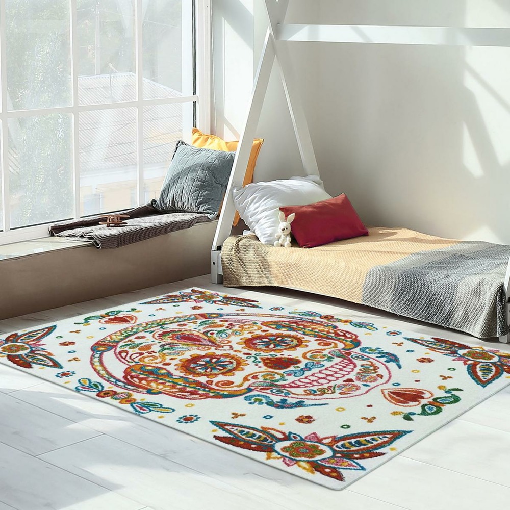 Tapis enfant 60x110 tissé crème motif tête de mort lyn8 skull head