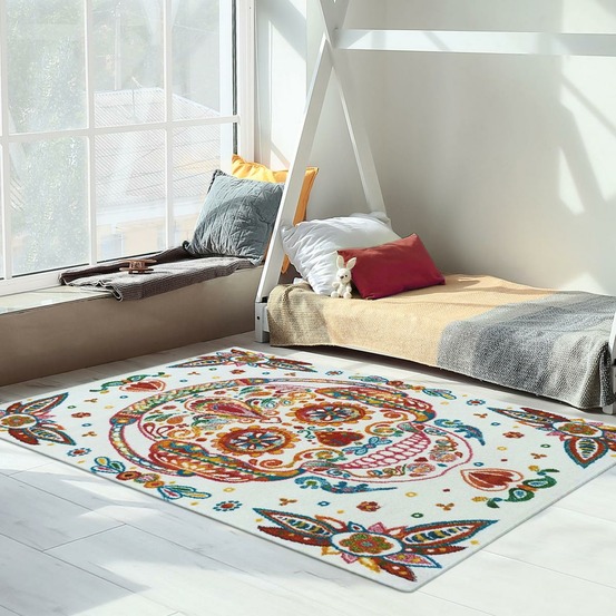 Tapis enfant 60x110 tissé crème motif tête de mort lyn8 skull head